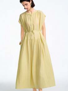 Aalyst 女士法式优雅高端简约时尚通勤/办公室/休闲/假日下午茶纯亚麻面料立领插肩袖直筒腰部 A 字褶腰带中长连衣裙，春夏 - 黃色 - 查看 3