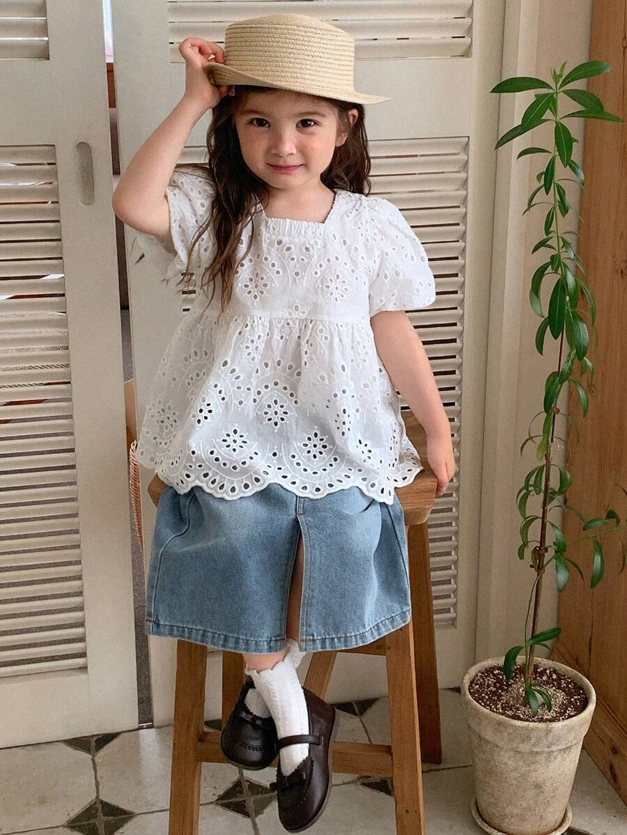 DAZY Set de 2 piezas de parte superior de manga corta con cuello y pantalones vaqueros para niñas, para verano - Blanco - Ver 1