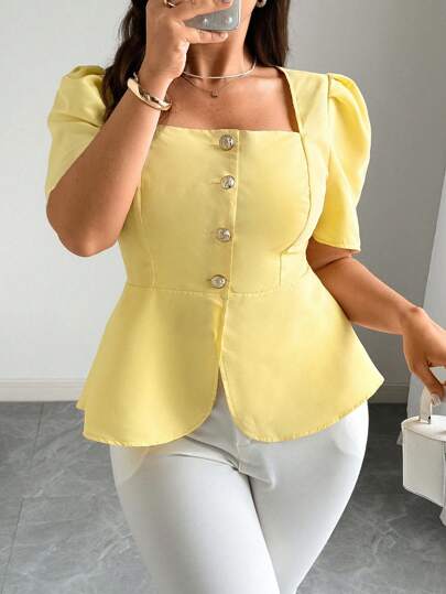 Elenzga Blusa elegante con cuello cuadrado, botones y mangas cortas para mujer de talla grande