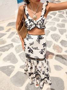 SHEIN VCAY Summer Outdoor Holiday Date Outfit, Beach Vacation Short-Sleeved Checked Edge Top And Checked Edge Half Skirt Beach Vacation Print Ladies' Two-Piece Set, Summer Vacation Beach Outfit, Back-To-School Dress, Very Simple Dress, Office Dress, Old Money Dress, Teacher Dress, Date Dress, St. John Outfit, Graduation Season, Independence Day, Mother's Day, Summer Wedding Outing Sister Afternoon Tea Party Festival Outfit - Multicolor - View 5