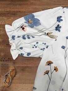 SHEIN Tall Women Floral Print Contrast Color Lace Puff Sleeve Shirt Blouse, Casual Top For Summer