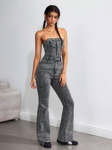 SHEIN ICON 女式喇叭裤牛仔连体裤，带口袋 - 灰色 - 查看 5