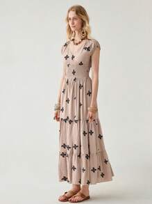 Florisole 女式春夏波西米亚风褶皱收腰花卉印花 A 字长裙 - 卡其色 - 查看 6