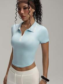 SHEIN Sport Studio Camiseta de polo de deporte deportiva de manga corta con cremallera para uso diario para mujeres