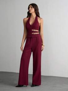 SHEIN Tall 女款時尚可調節側扣掛脖上衣與長褲兩件套，適合高個女性 - 酒紅色 - 查看 6
