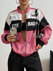 SHEIN HypeZone Áo khoác bomber thả vai họa tiết chữ tương phản màu sắc cho quần áo năm mới - Nhiều màu - Xem 3