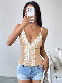 SHEIN Unity 女式夏季蕾丝拼接前系带吊带背心 - 卡其色 - 查看 5