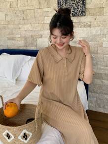 Dazy Plus Plus Size Women Casual Turndown Collar Short Sleeve Solid Color A-Line Summer Dress