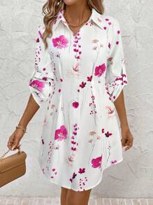 SHEIN Clasi Women's Fashion Versatile Commuter Floral Print Shirt Dress, Autumn/Winter - Hot Pink - View 5
