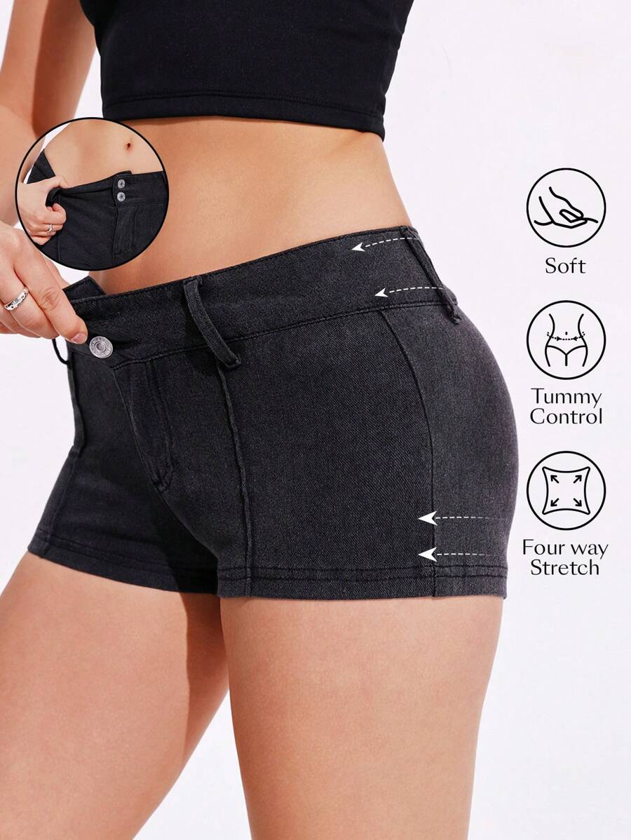 Flexra Quần short denim bó đa năng thường ngày cho nữ - Màu xám đen - Xem 1