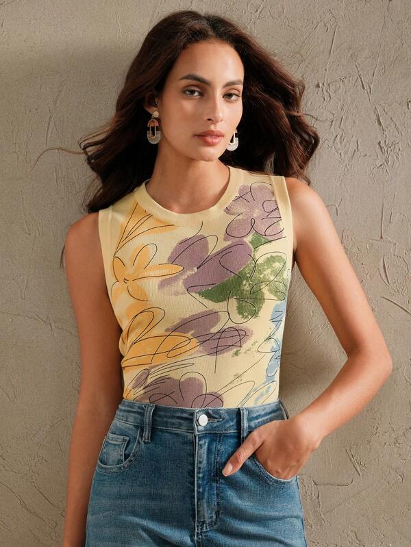 Anewsta Elegant Modern Floral Print Sleeveless Tank Top Tee For Women, Spring/Summer, Suitable For Festivals, Graduation