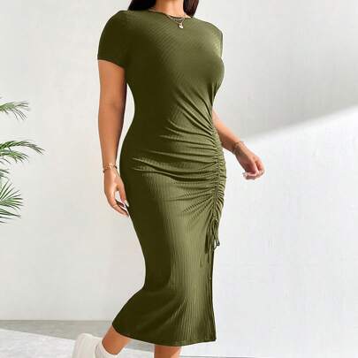 Abito estivo casual aderente con spacco e coulisse, colore verde militare, per donne formose, vestito estivo elegante, vestito midi, vestito lungo att