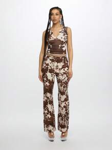 SUMWON WOMEN 复古牛仔印花喇叭牛仔裤西式喇叭裤高腰牛仔裤 Y2K 时尚宣言阔腿裤秋冬