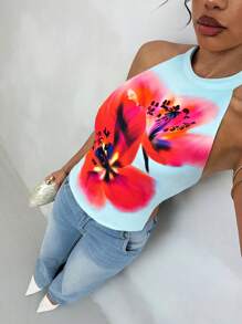 Glamine 性感花卉印花露背挂脖罗纹针织上衣，女式度假风格 - 淺藍色 - 查看 3