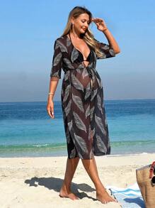 SHEIN Maternity All-Over Print Knotted Summer Casual Kimono Cover Up - Multicolor - View 4