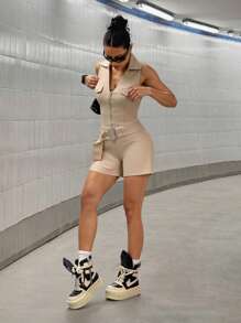 StreetHx Women's Solid Color Jumpsuit With Pockets, Fashionable Short Playsuit Suitable For Summer - Apricot - View 1