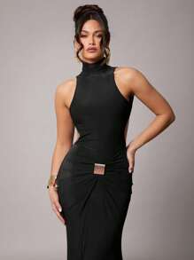 Silquee 女士优雅派对长袖性感高领露背连衣裙，金属扣装饰，勃艮第红，安科纳红，弹力针织面料，连衣裙，适合鸡尾酒会、浪漫约会、秋冬中长连衣裙，适合聚会、派对、正式活动、婚礼、伴娘、联欢会、万圣节、圣诞节 - 黑色 - 查看 6