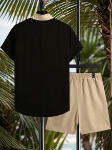 Horizaway Conjunto casual de camisa de manga corta con botones y pantalones cortos de color contrastante para hombres, con pantalones cortos de natación, trajes para deportes al aire libre, trajes para vacaciones, estilo hawaiano