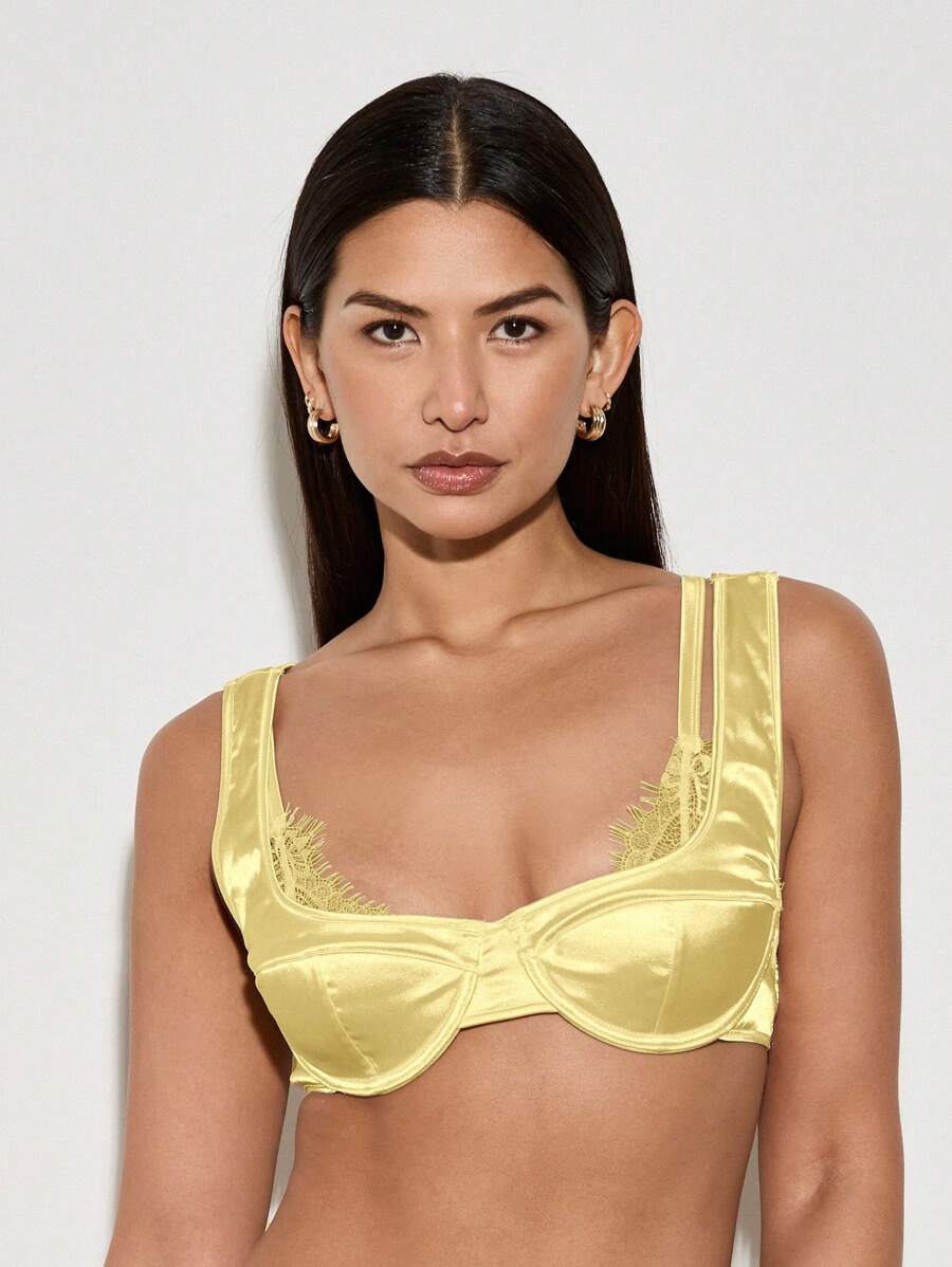 AiiRZ Áo Bralette Satin Đệm Crop Bustier Có Viền Ren Tinh Tế Cho Tiệc Tối Cô Dâu Đồ Lót Không Tay Phong Cách Lễ Hội Mùa Hè Thời Trang - Màu vàng - Xem 1