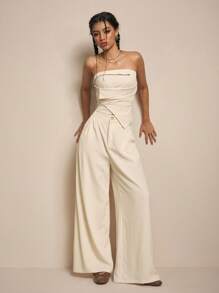 Easelle Women's Spring And Summer Leisure Vacation Texture Folded Pleated Seaside Apricot Suit - Apricot - View 6