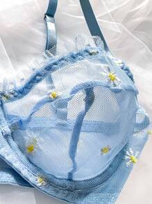 PetitDoll 2pcs/Set Romantic Embroidery Underwire Sexy Lingerie Set - Blue - View 4