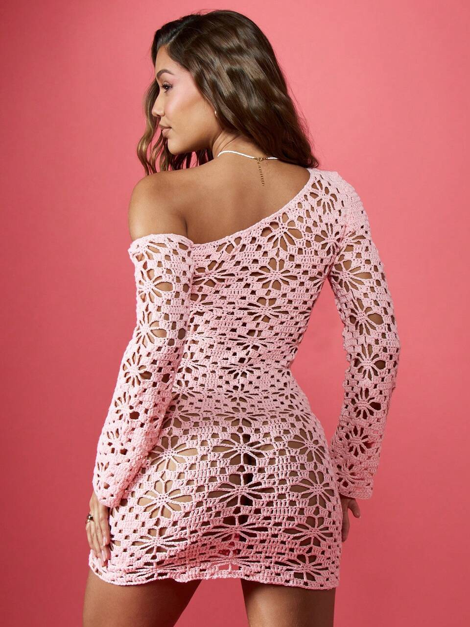 MISSGUIDED Crochet Mini Dress One Shoulder Long Sleeve Floral Pattern Evening Party Bodycon Flirty Spring Summer Dress Wedding Guest