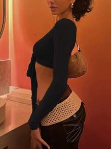 INAWLY 女士时尚性感纯色短款长袖 T 恤 - 黑色 - 查看 3