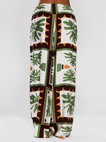 MUSERA 印花图案阔腿亚麻质感系带腰裤，夏季度假机场穿搭，时尚优雅 - 綠色 - 查看 4