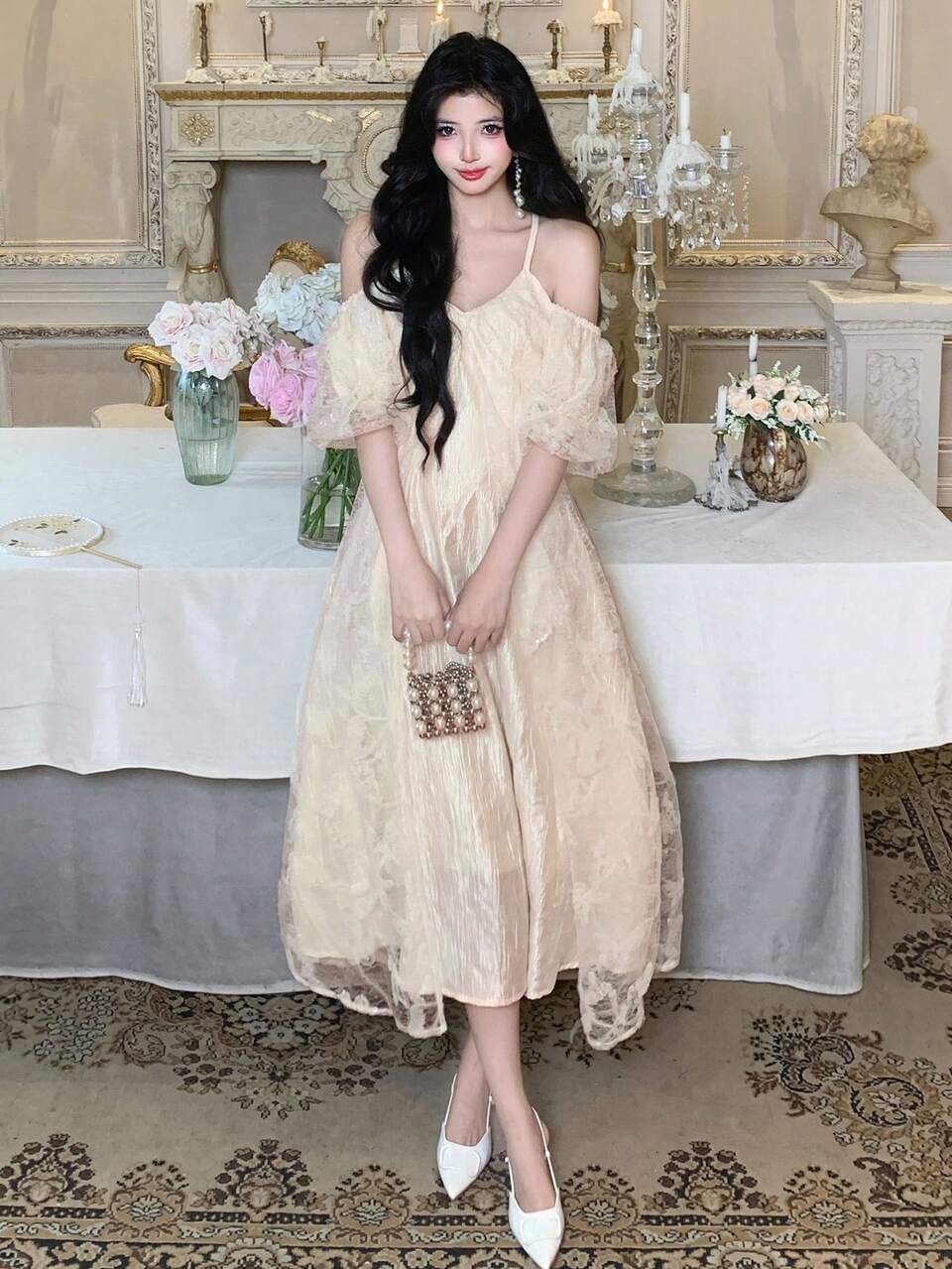 Women Elegant Short Sleeve Mid-Length Mesh Patchwork Dress Maxi Dress