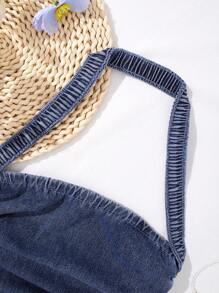 SHEIN Teen Girl Spring & Summer Casual Street Fashion, All-Match, Daily, Versatile, Leisure Holiday Ruched Halter Cropped Top,Girls Summer Beach Boho Vacation Comfortable Top Outfits,Summer Rave Concert Festival College Style Outfits - Medium Wash - View 4