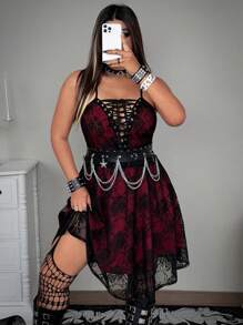 Whyspr Grunge Punk Rave Plus Size Dresses - Red - View 5