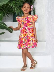 SHEIN Young Girl Casual Vacation Straight Dress With Flutter Sleeves - Hot Pink - View 3