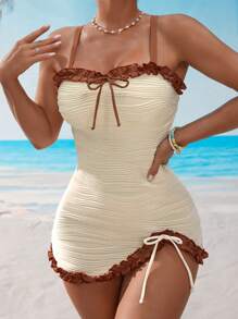 Swim Mod Women's Beach Vacation Ruffle Textured Fabric Dress With Triangle Bikini Bottom, Summer - White - View 4