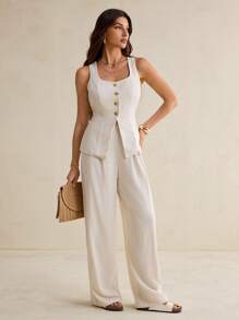 SHEIN Tall 女士日常两件套服装 - 卡其色 - 查看 3