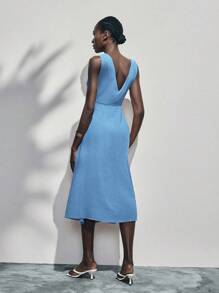 Lumivelle Summer Metal Circle Decor Waist Ruched Sleeveless Dress - Dusty Blue - View 2