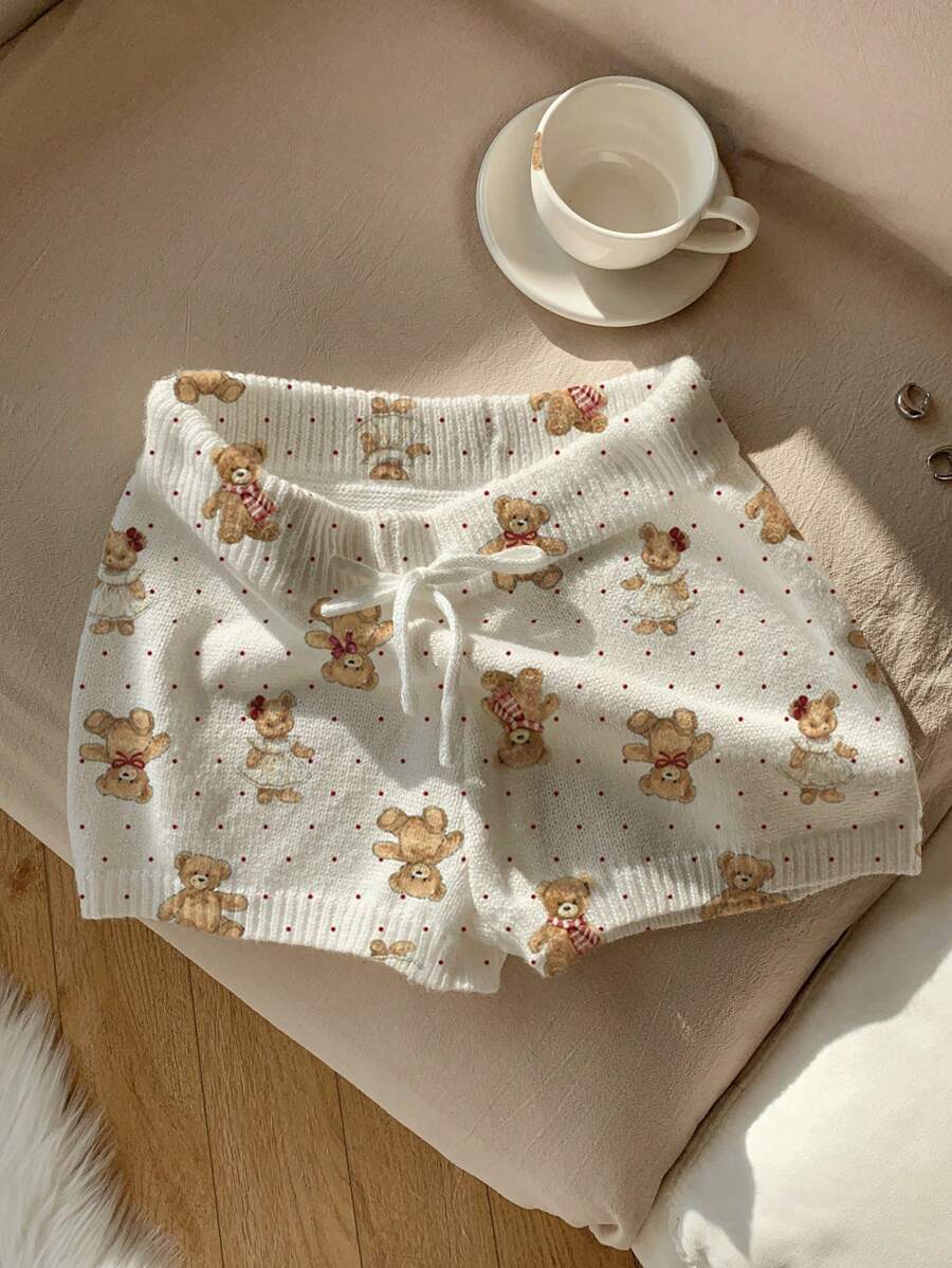 Comfortcana Women's Casual Cute Bear Print Fitted Mini Sweater Shorts, Suitable For Summer - Apricot - View 1