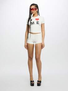 SUMWON WOMEN I Love Me Modern Two Piece Cropped Outfit High Rise Booty Shorts Matching Set Festival Streetwear Self Love Statement Short Sleeve Summer Co-Ord - White - View 3