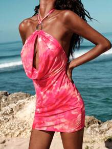 Opulessa Vestido mini con espalda abierta y estampado de malla de punto para mujeres - Rojo - Ver 5