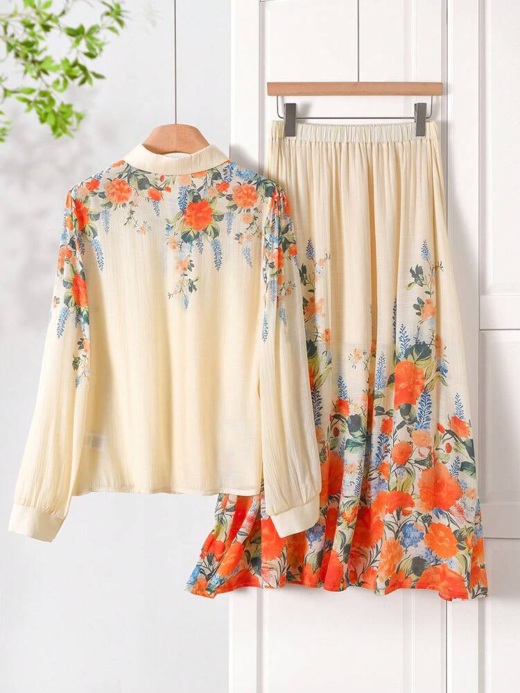 2pcs/Set Women's Floral Print Long Sleeve Single-Breasted Shirt And Midi Skirt Casual Vacation Outfit
