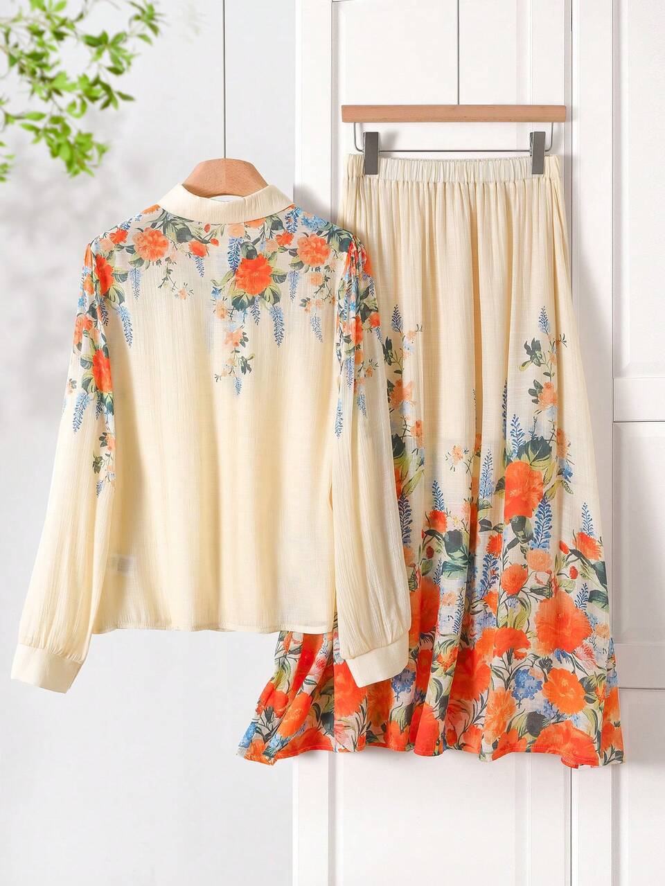 2pcs/Set Women's Floral Print Long Sleeve Single-Breasted Shirt And Midi Skirt Casual Vacation Outfit