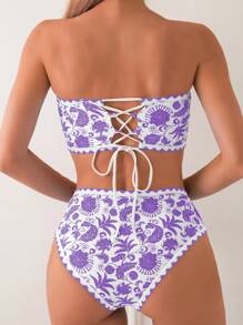 SHEIN Swim Women All-Over Print Bandeau Bikini Set For Summer Beach Vacation - Purple - View 2
