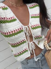 SHEIN EZwear Women's Summer Casual Contrast Striped Drawstring Knit Vest - Multicolor - View 7