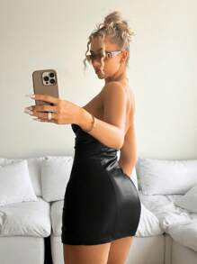 SHEIN ICON Vestido de regreso a casa de tubo negro de piel sintética (PU) entallado con abertura en el bajo