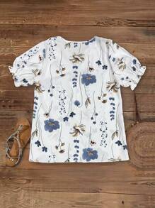 SHEIN Tall Women Floral Print Contrast Color Lace Puff Sleeve Shirt Blouse, Casual Top For Summer