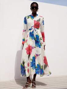 Aveloria Modichic Vestido de manga larga, holgado y cómodo para mujer con diseño de capas de gasa estampada, cinturón en la cintura y estilo elegante francés