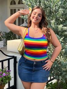 SHEIN EZwear 大码女式骄傲月 LGBT 彩虹条纹休闲修身背心 - 彩色 - 查看 1