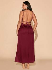 SHEIN BAE 加大码女式杏色/香槟色垂坠领缎面 3D 花卉优雅性感露背长裙，适合音乐会、夏季、度假、休闲、商务休闲、西装、办公室、婚礼、俱乐部、毕业典礼、早午餐、春季、复活节、生日女士礼服 - 酒紅色 - 查看 2