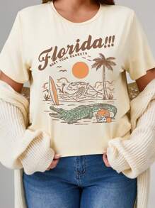 SHEIN LUNE Women's Round Neck Short Sleeve T-Shirt With Lettering, Coconut Tree And Crocodile Graphics - Apricot - View 3