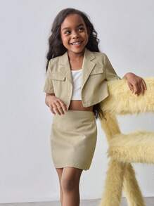 Maija Kids Maija Kids 2 Pieces Set: Young Girl Short Solid Color Jacket With Tassel Decor And Mini Skirt, For Casual Outdoor, Home, Back To School, Fashionable, Versatile, Spring/Summer - Khaki - View 3