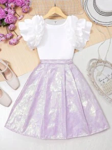 Tenue en 2 pièces pour préadolescentes : chemise à manches calamistrées unie et jupe jacquard scintillante - Parme - Voir 1